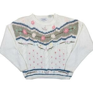 Vintage J.J. Fargo Floral Sweater Women’s L 80s Hand Knit Ramie Acrylic Pastel